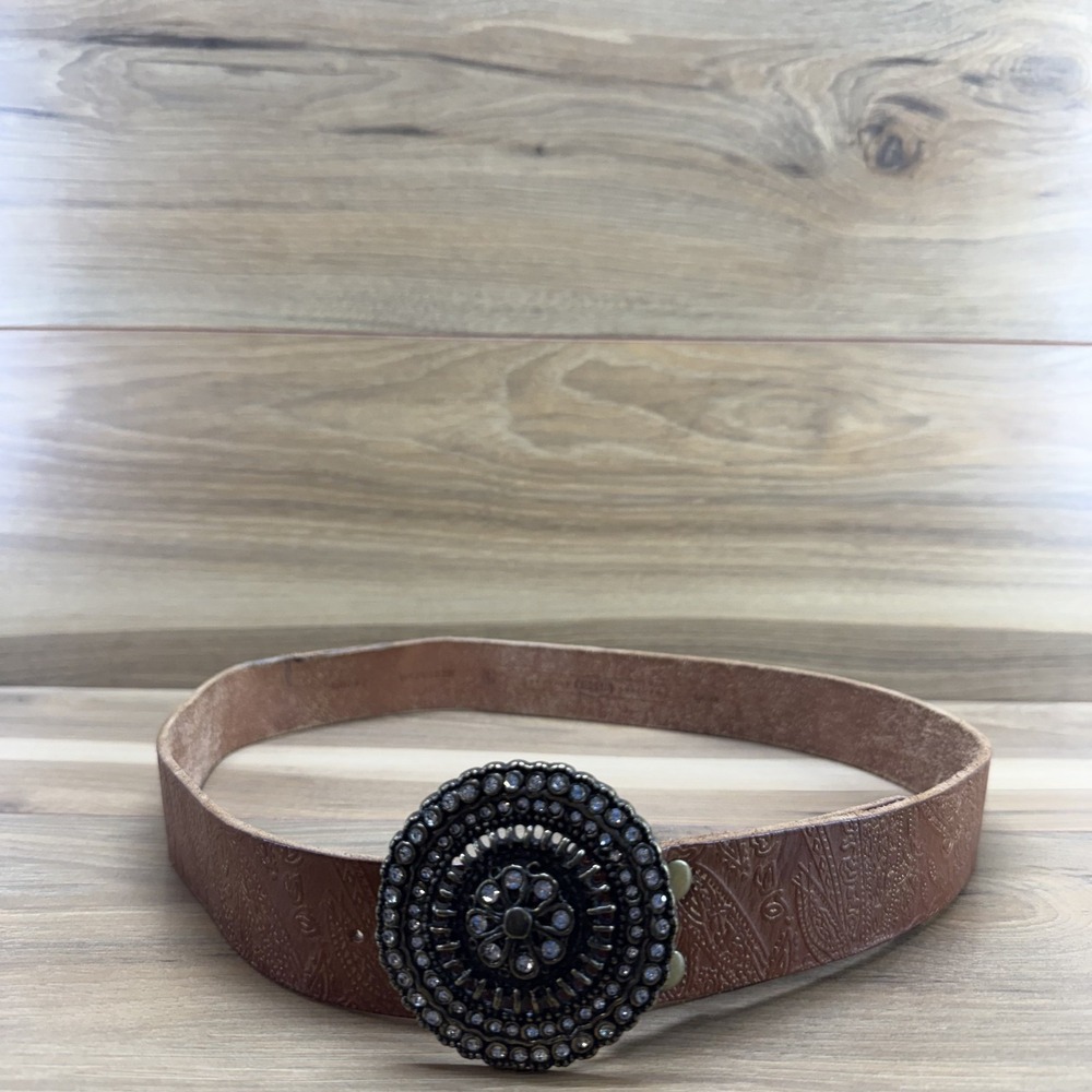 Fossil Womens Belt Size L Large Brown Embossed Leather Boho Chic Coastal Cowgirl